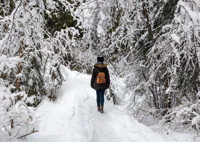 Rear view of young woman hiking in forest. winter, snow, path.