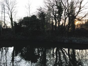 Silhouette trees by lake in forest against sky