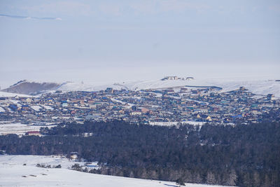 High angle view of townscape against sky during winter