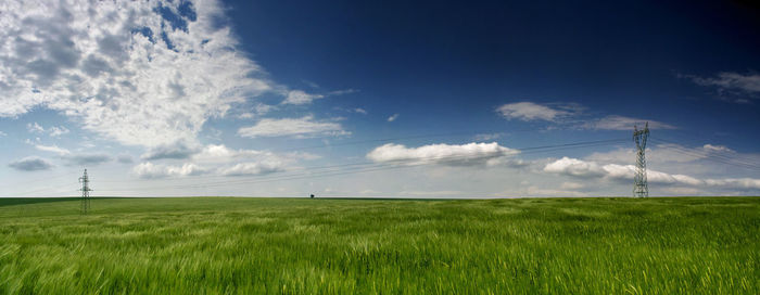 Panoramic view of agricultural field against sky