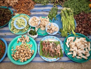 High angle view of various vegetables for sale at market