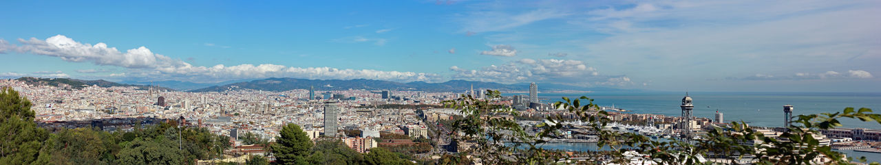 Panoramic shot of townscape by sea against sky