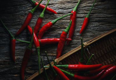 High angle view of red chili peppers in container