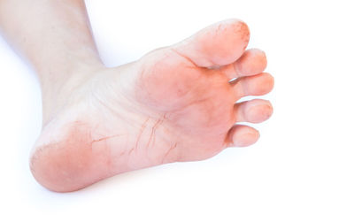 Close-up of human hand against white background