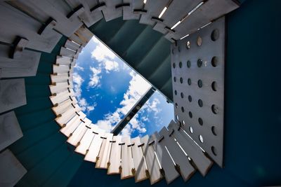 Directly below built structure against cloudy sky