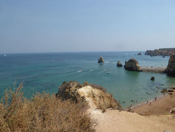 Scenic view of sea against clear blue sky