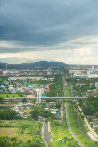 High angle view of buildings against sky