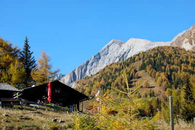 Built structure on landscape against clear blue sky