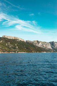 Scenic view of sea and mountains against sky