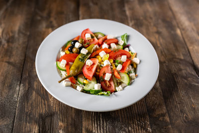 High angle view of salad in plate on table