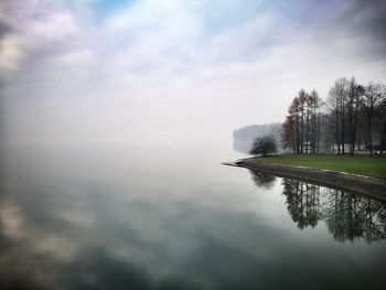 Reflection of trees in lake against sky