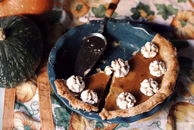 High angle view of chocolate cake on table