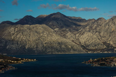 Scenic view of sea and mountains against sky