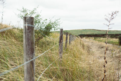 Wooden fence on field against sky