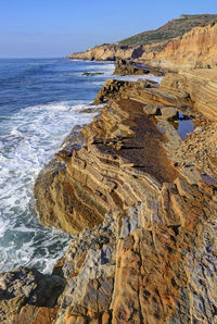 Scenic view of rocks on beach against sky