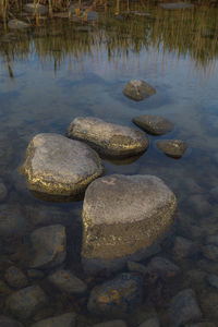 Pebbles on rock in lake