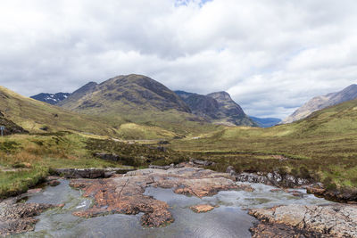 Scenic view of mountains against cloudy sky