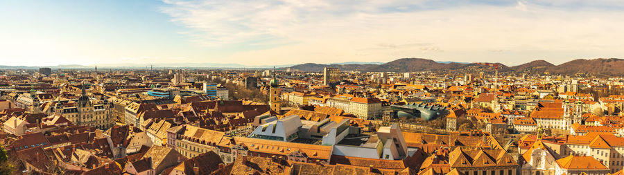 Panoramic view at graz city with his famous buildings. art museum, town hall. travel destination