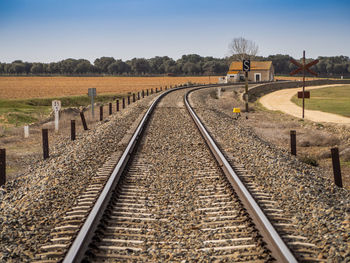 Railroad tracks on field against clear sky