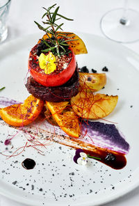 Close-up of food served on table