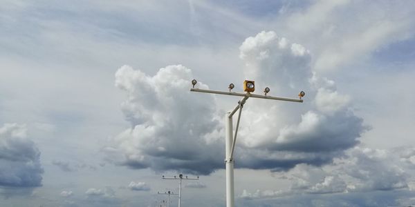 Low angle view of crane against sky