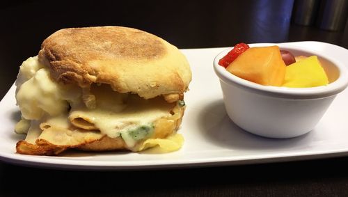 Close-up of burger in plate on table