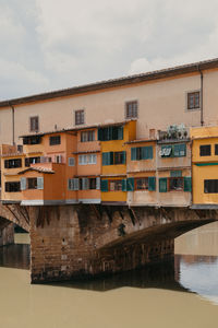 Buildings by river against sky in city