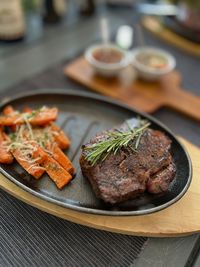High angle view of food in plate on table