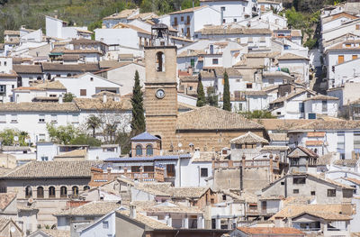 High angle view of houses in town