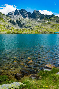 Scenic view of lake and mountains against sky