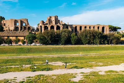 Field by old buildings in circus maximus against clear sky