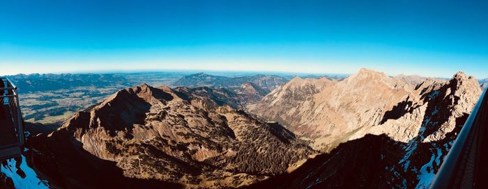 Panoramic view of mountains against clear blue sky