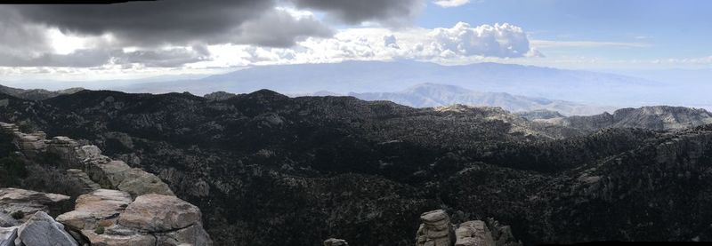 Panoramic view of rocks and mountains against sky