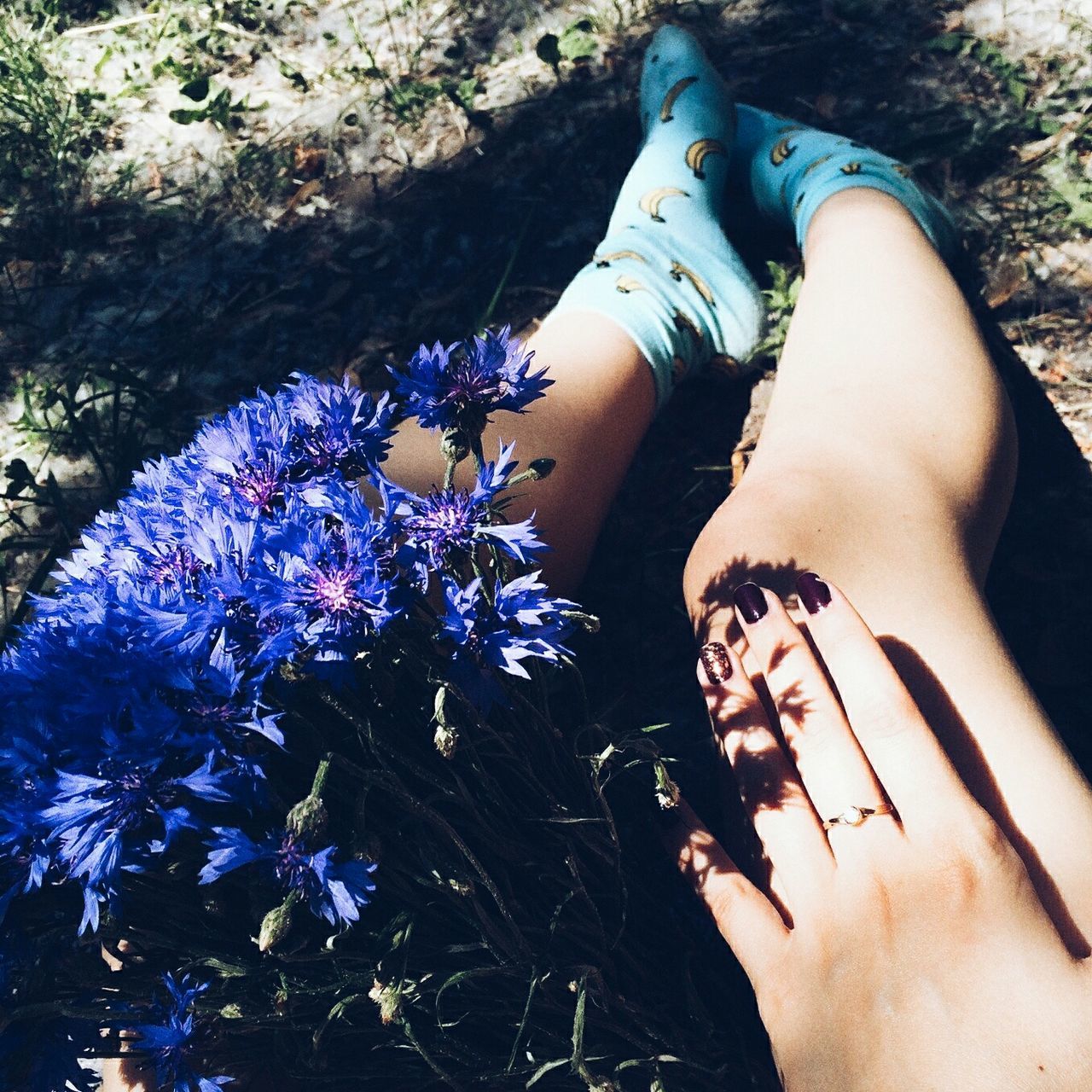 low section, lifestyles, person, leisure activity, personal perspective, high angle view, human foot, part of, flower, barefoot, sunlight, unrecognizable person, standing, day, outdoors