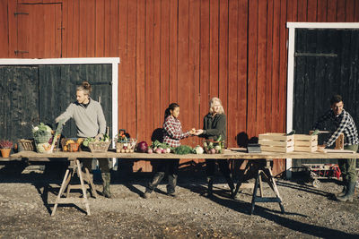 Male and female farmers arranging organic vegetables on table outside barn