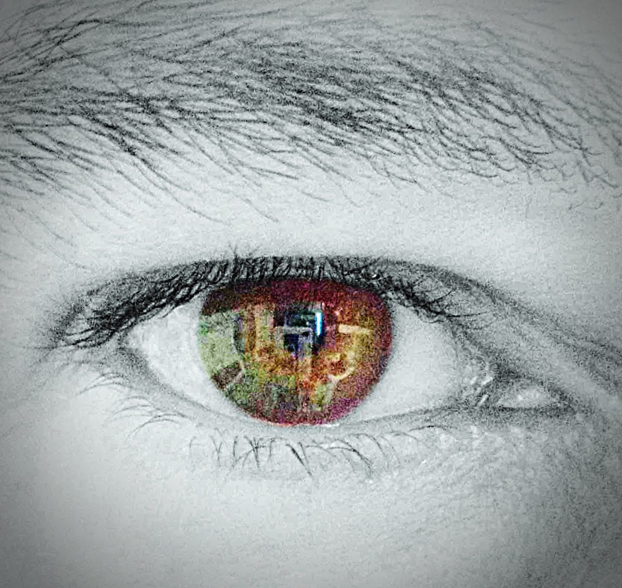 human eye, close-up, full frame, part of, circle, eyesight, indoors, backgrounds, human face, sensory perception, eyelash, extreme close-up, reflection, unrecognizable person, human skin, lifestyles, digital composite