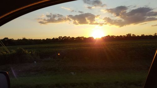 Scenic view of grassy field against sky at sunset