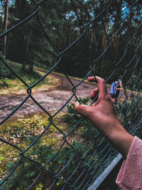 Hand holding chainlink fence against trees