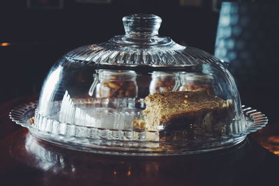 Close-up of cake served in plate on table