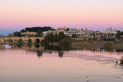 Badajoz city at sunset with river guadiana in spain