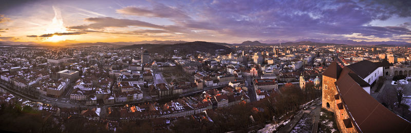 High angle view of cityscape during sunset