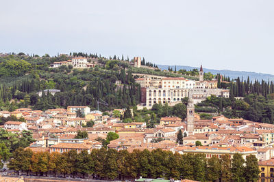 Buildings in city against clear sky