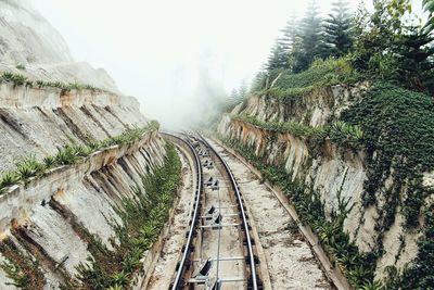 High angle view of railroad tracks amidst trees against sky