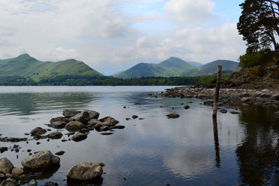 Scenic view of lake by mountains against sky