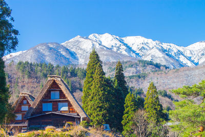House and trees on mountain against clear sky