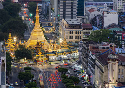 Panoramic view of illuminated buildings in city