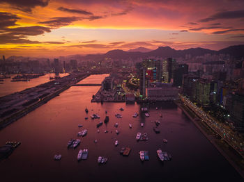 High angle view of city during sunset