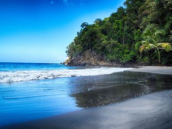 Scenic view of beach against blue sky