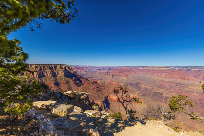 Scenic view of landscape against clear blue sky