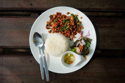 High angle view of breakfast served on table
